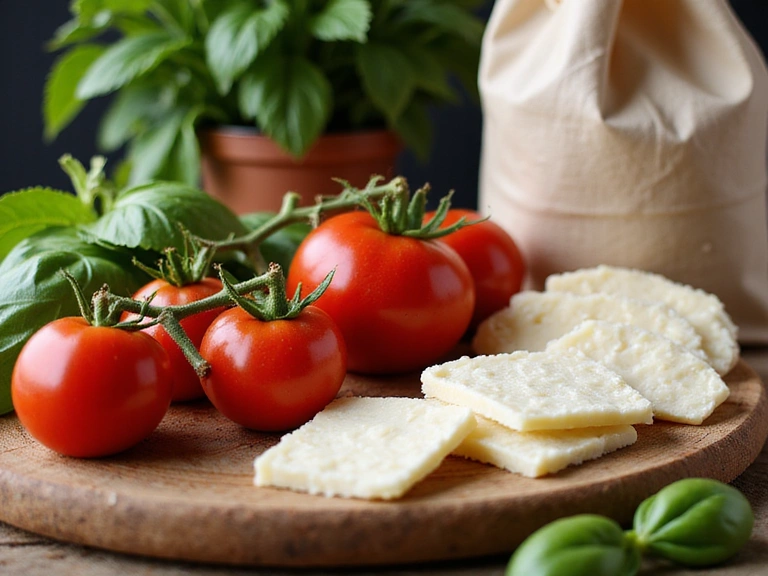 Ingredienti freschi e sani per pizza: pomodori, basilico, mozzarella e farina.