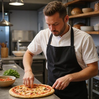Ritratto di un aiutante pizzaiolo concentrato.