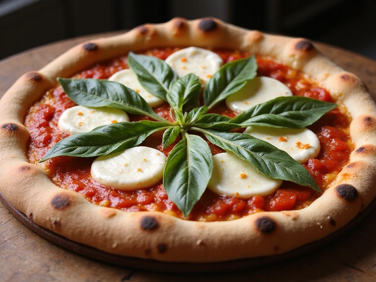 Una pizza napoletana appena sfornata con ingredienti freschi e fumante.