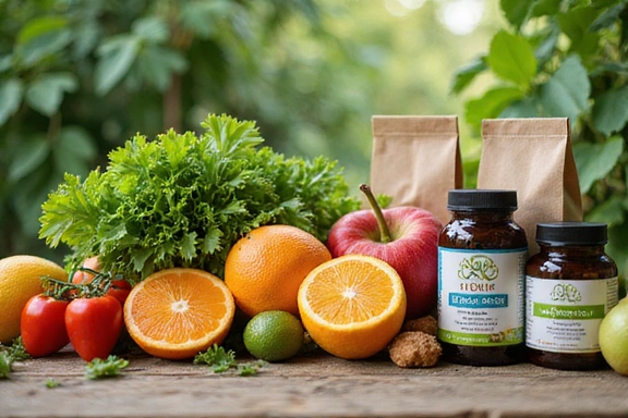 Frutta fresca, verdura e integratori alimentari su un tavolo, che rappresentano una dieta equilibrata