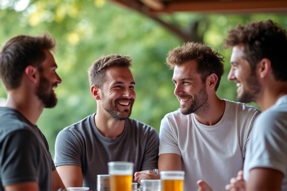 Gruppo di amici maschi che ridono e interagiscono, che rappresentano il benessere mentale