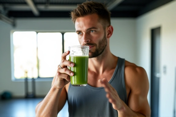 Uomo che beve un frullato verde dopo un allenamento, simbolo di nutrizione e recupero