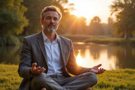 Uomo che medita in un ambiente sereno, che simboleggia l'equilibrio tra mente e corpo