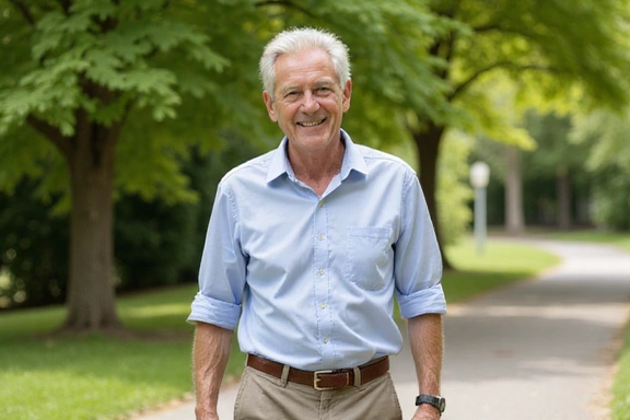 Uomo anziano che cammina in un parco con un sorriso, che rappresenta l'invecchiamento sano