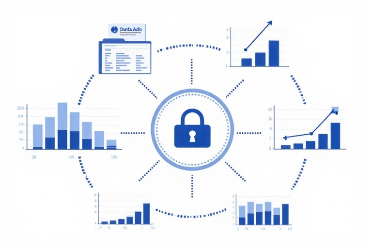 Grafici e diagrammi che mostrano l'analisi dei dati, con un lucchetto per simboleggiare la sicurezza.