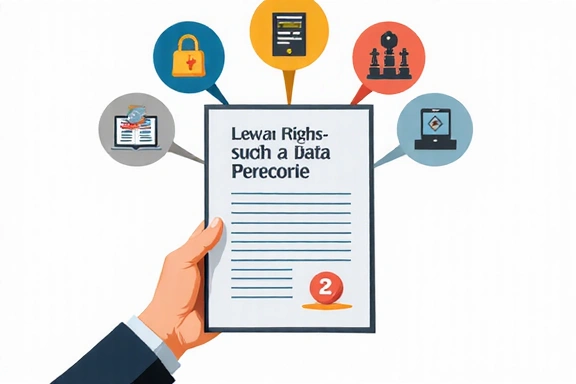Illustrazione di una mano che tiene un documento con icone di diritti legali, simbolo di protezione dei dati