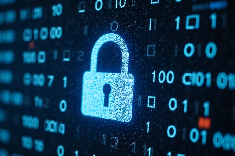 Un lucchetto digitale su uno sfondo di codice binario, che simboleggia la sicurezza informatica.